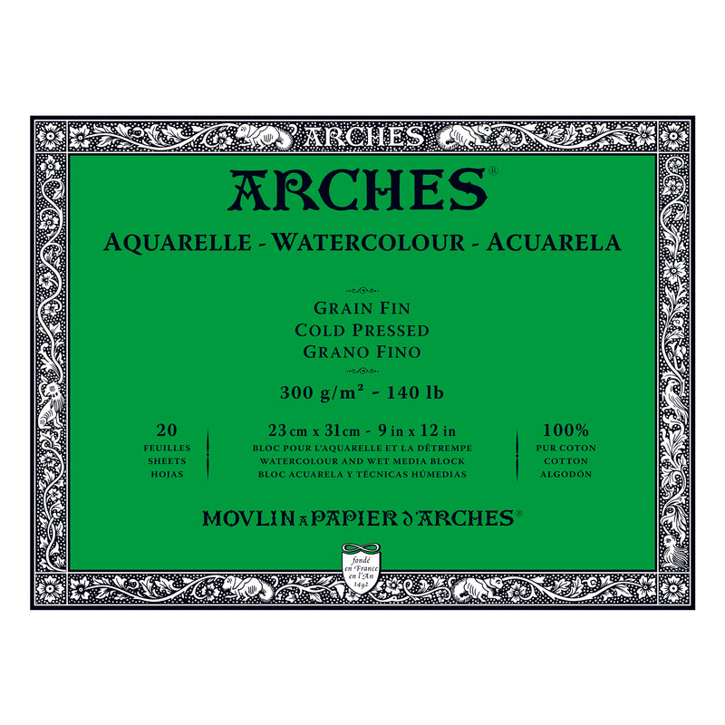 Arches Aquarelle Watercolour Block - Cold Pressed, 100% Cotton - 20 Sheets, Assorted Sizes