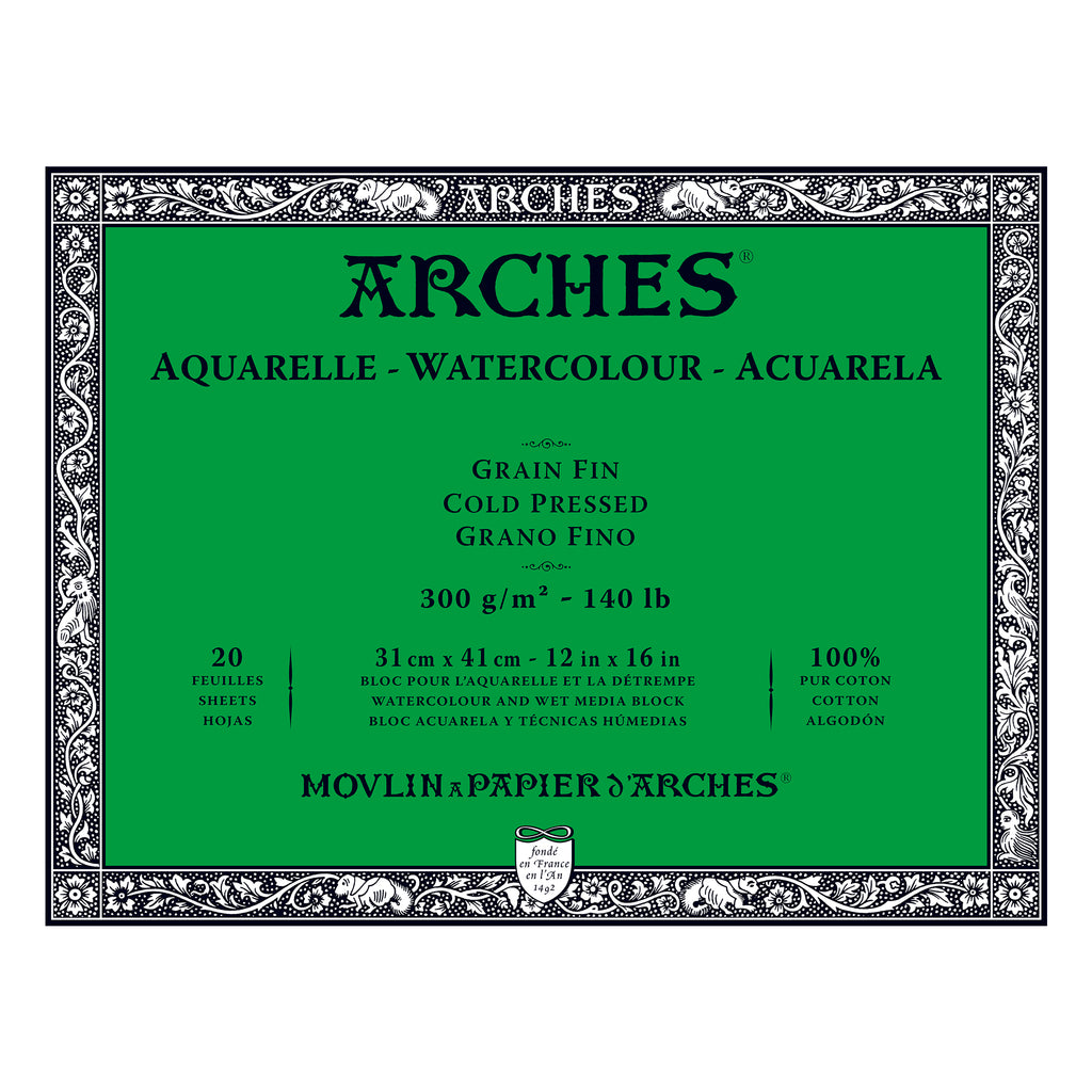 Arches Aquarelle Watercolour Block - Cold Pressed, 100% Cotton - 20 Sheets, Assorted Sizes