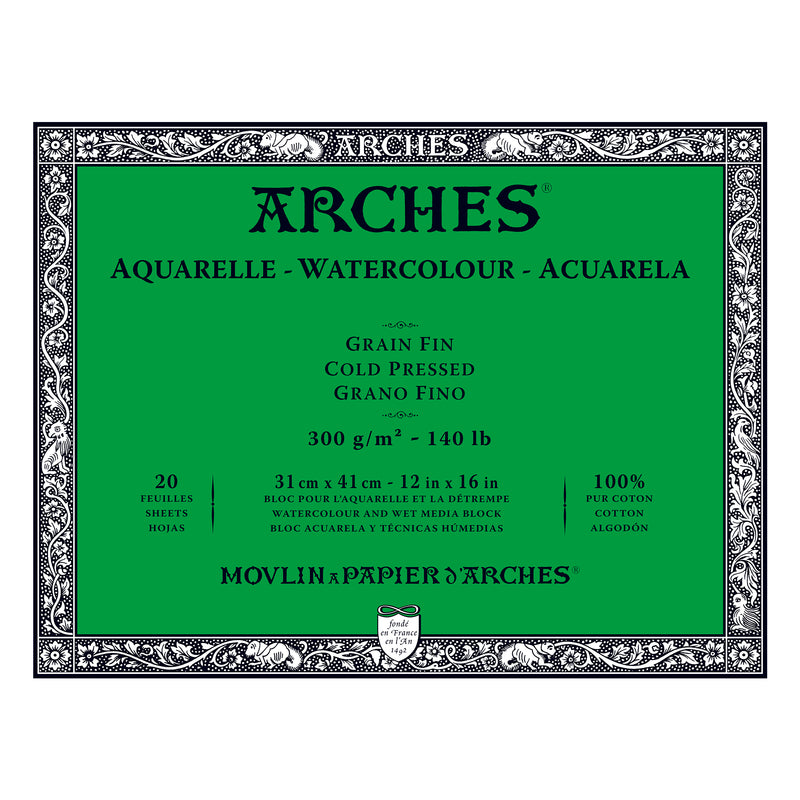 Arches Aquarelle Watercolour Block - Cold Pressed, 100% Cotton - 20 Sheets, Assorted Sizes