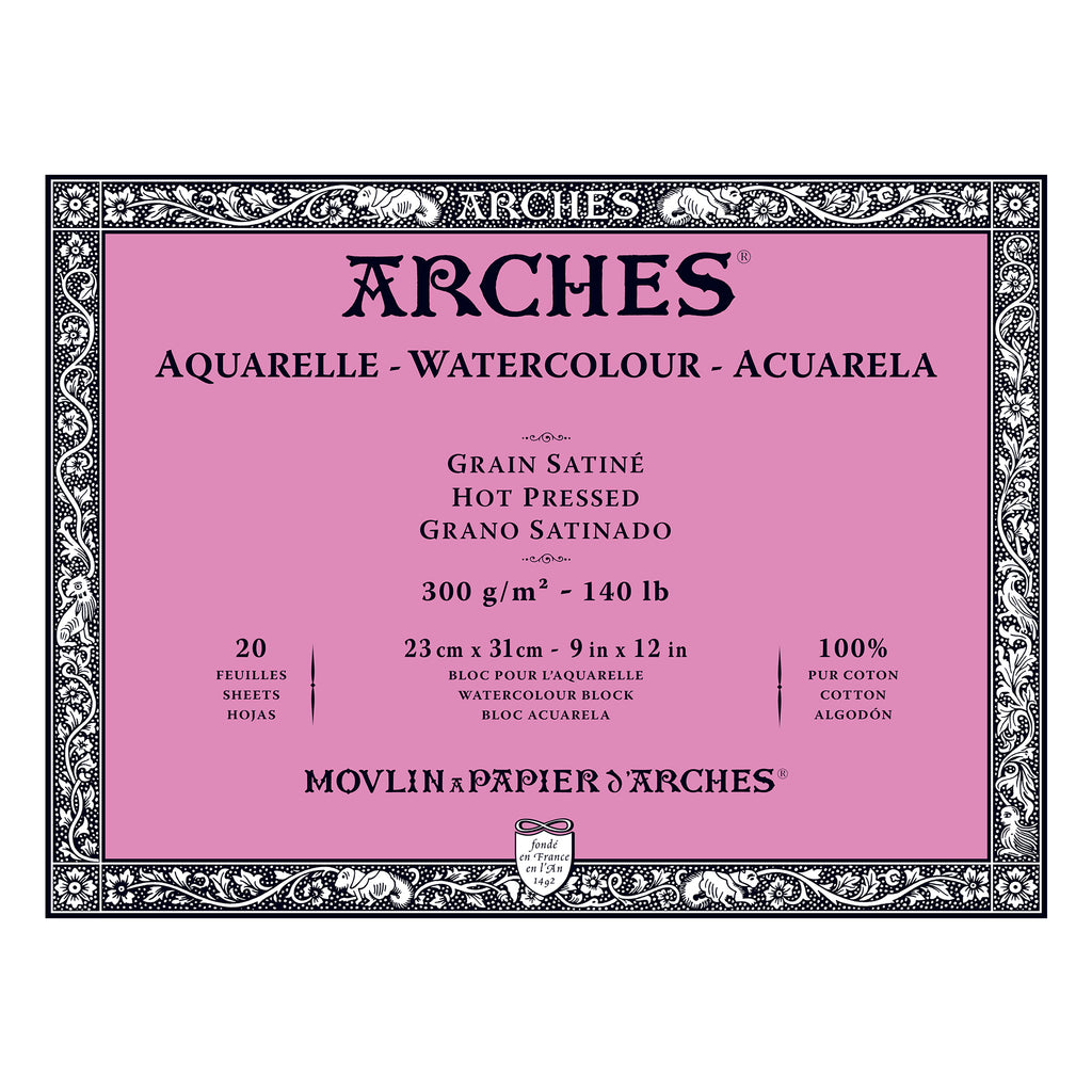 Arches Aquarelle Watercolour Block - Hot Pressed, 100% Cotton - 20 Sheets, Assorted Sizes