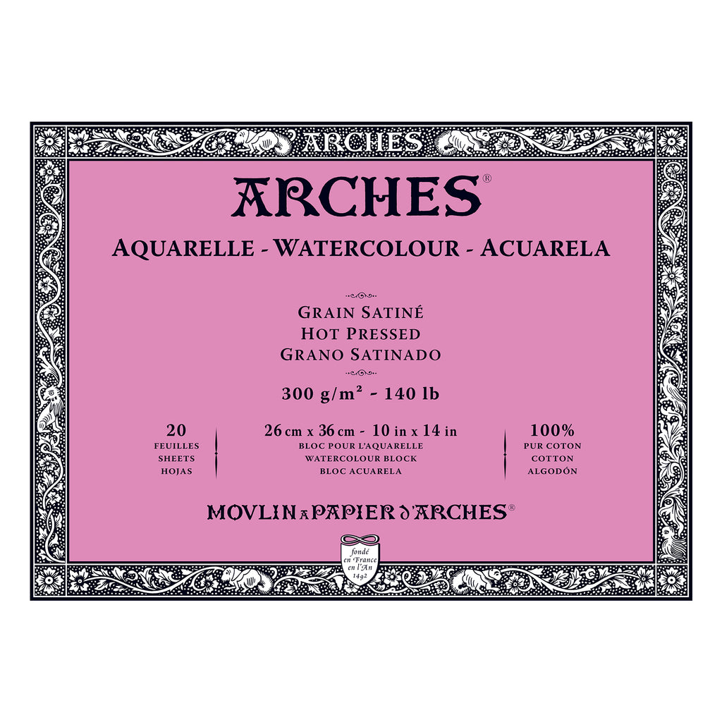 Arches Aquarelle Watercolour Block - Hot Pressed, 100% Cotton - 20 Sheets, Assorted Sizes