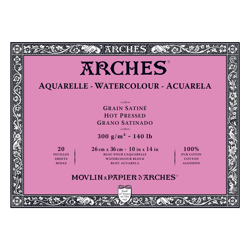 Arches Aquarelle Watercolour Block - Hot Pressed, 100% Cotton - 20 Sheets, Assorted Sizes