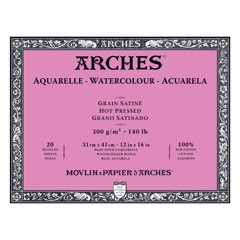 Arches Aquarelle Watercolour Block - Hot Pressed, 100% Cotton - 20 Sheets, Assorted Sizes