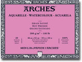 Arches Aquarelle Watercolour Block - Hot Pressed, 100% Cotton - 20 Sheets, Assorted Sizes